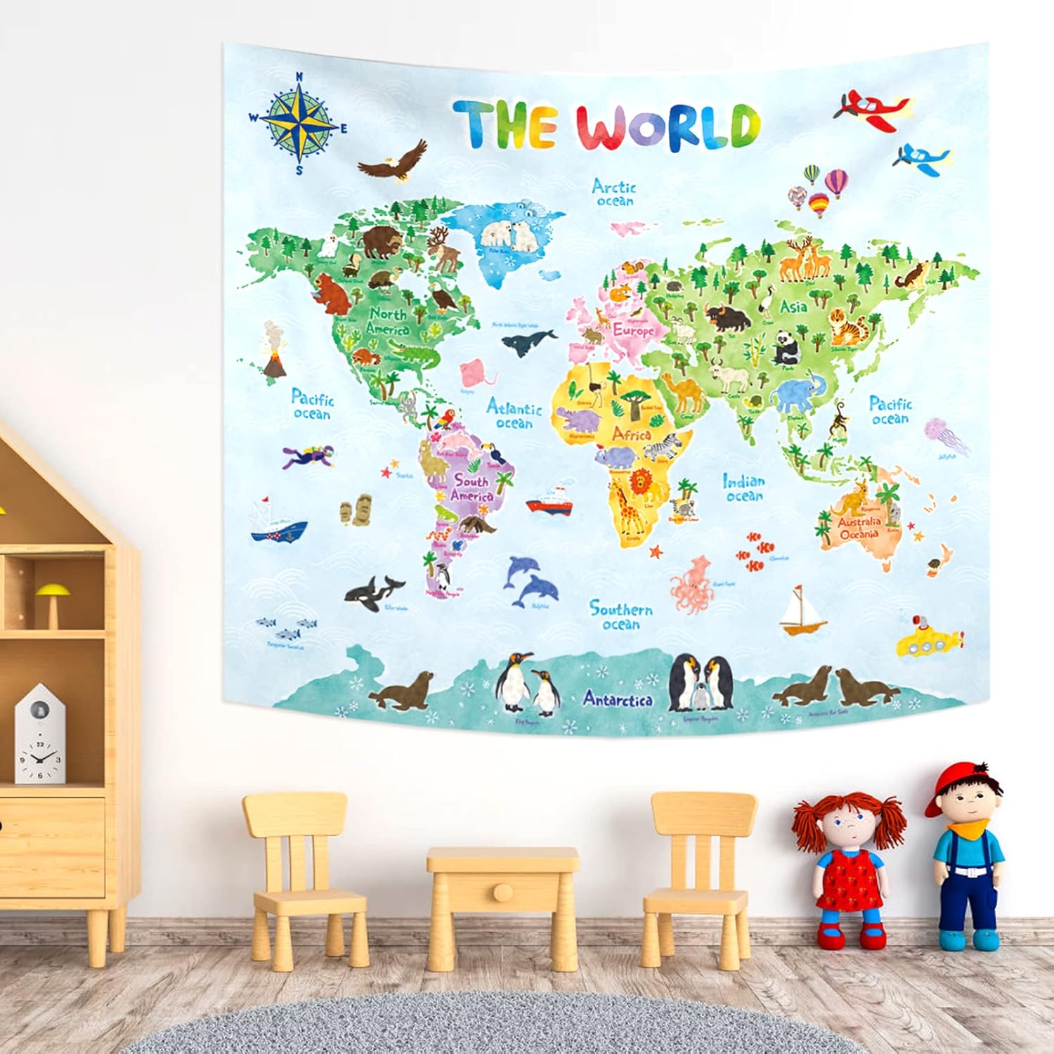 Kids Education World - أطفال خريطة العالم قماش مزخرف جداري