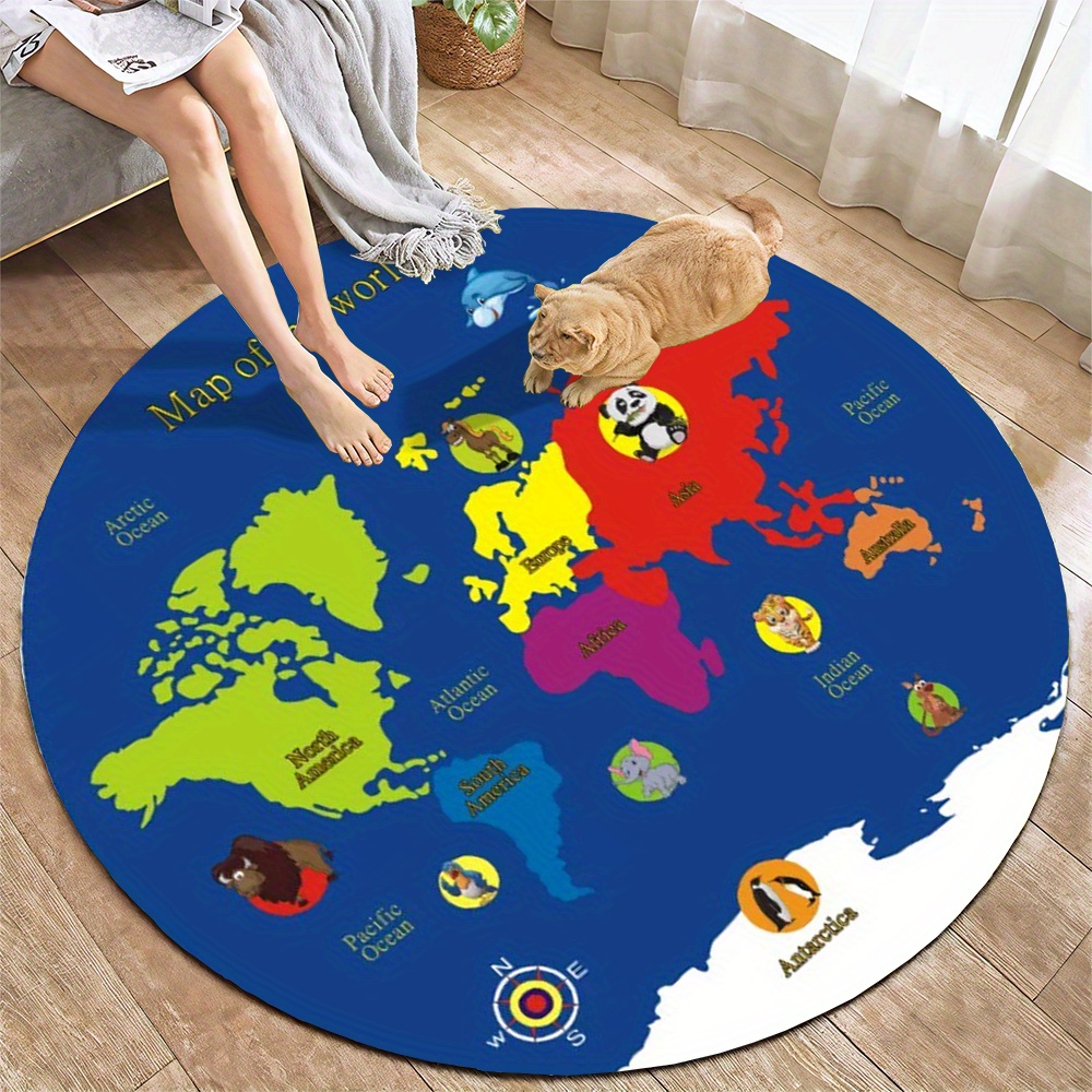 Kids Education World - سجادة دائرية بتصميم خريطة العالم من